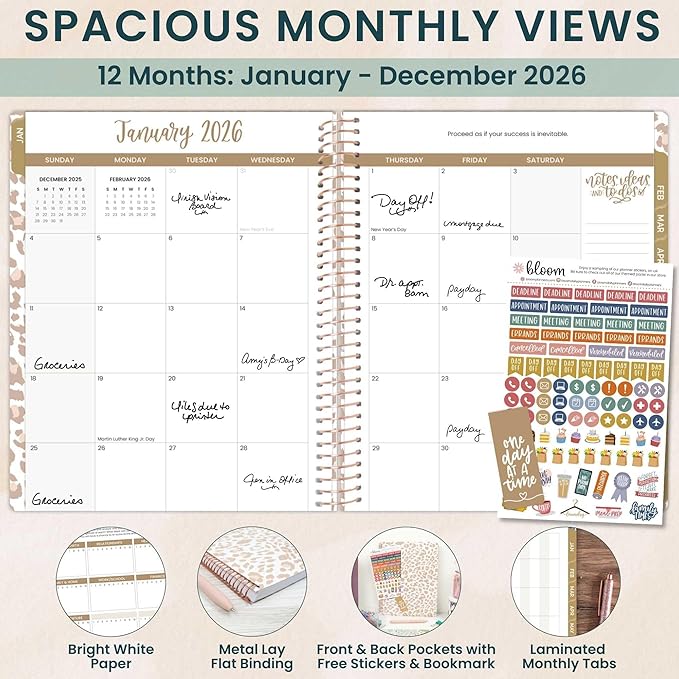 bloom daily planners 2026 Planner (January to December) - 8.5” x 11” Weekly & Monthly Dated Agenda Organizer Book with Stickers & Tabs - Flexible Soft Cover - Tan Leopard