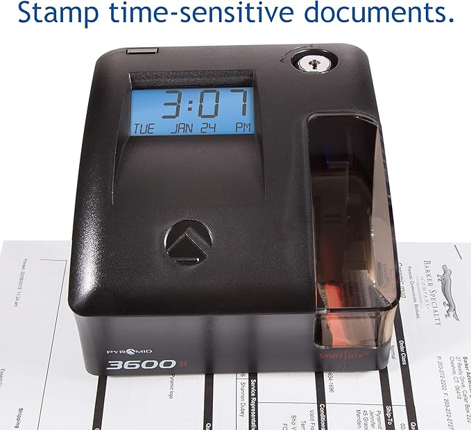 Pyramid Time Systems - 3600SS Dual Function Employee Time Clock and Document Stamp with SmartSite LED Alignment and Tri-View Window - Includes 25 Time Cards, Ribbon, 2 Security Keys
