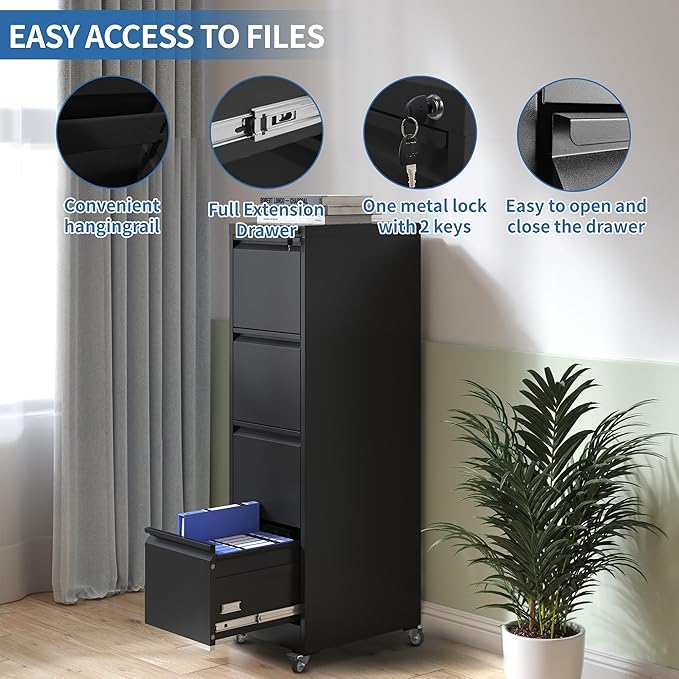 4 Drawer Mobile File Cabinet, Metal Filing Cabinet with Lock and Wheels, Home Office Rolling File Cabinets for Legal/Letter Hanging File Folders, Un-Assembled (Black)