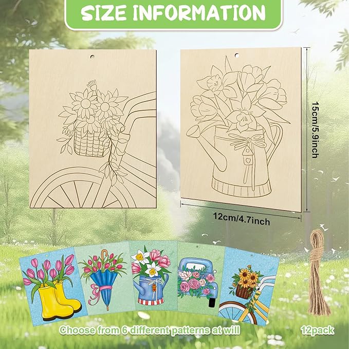 COCHIE 10 Pieces Large Spring Unfinished Wood Crafts to Paint for Adults and Kids, Bulk Predrilled Wooden Ornaments for Painting, Tulips Flowers Paintable Wood Slices Craft Supplies with Ropes