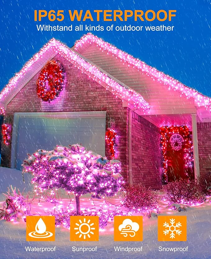 157FT 480 LED Christmas Lights Outdoor, Plug in Christmas Tree Lights Waterproof, 8 Modes Fairy String Light for Indoor Room Home Tree Party Decorations, Pink