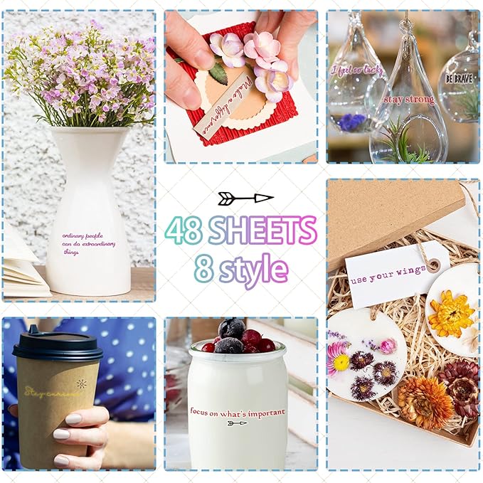 48 Sheets Inspirational Quotes Stickers Aesthetic Sayings Decal Motivational Words Handwritten Letters Gift for DIY Crafts Journaling Scrapbook Planner Appreciation Supplies, 8 Styles(Multicolor)
