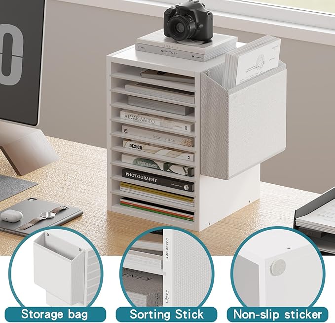 Office Mail Sorter, Wooden Paper Organizer with Storage Bag, 10 Tier Adjustable Classroom Mailbox, Removable Classroom Organization, Teacher Desk Organization for Office, Study, White