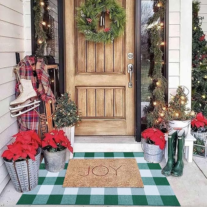 Green & White Plaid Rug, 2'4" x 3'7" Check Indoor/Outdoor Area Rug, Hello/Welcome Door Mat Layering Rug, Machine Washable Cotton Woven Mat for Farmhouse Front Porch, Entryway