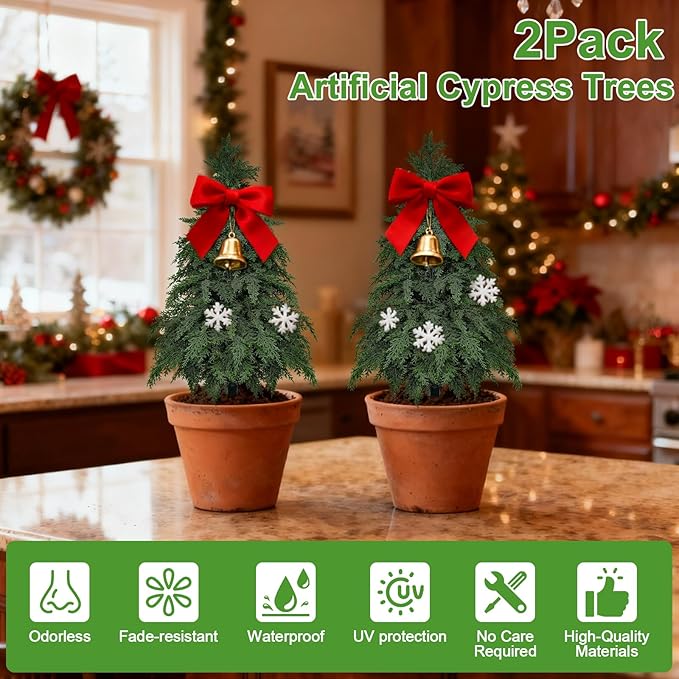 2Pack Artificial Topiary Trees, 3FT Faux Cypress, Faux Evergreen Pine Shrubs Plants with Pot, Potted Plants for Front Porch Indoor Outdoor Garden Christmas Decor