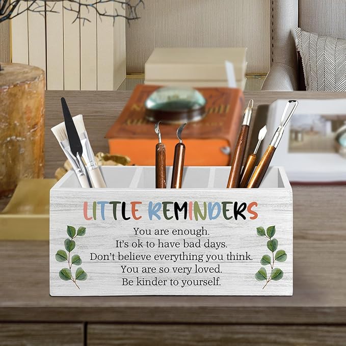 Little Reminders Inspirational Pen Pencil Holder Organizer for Desk Accessories, Mental Health Motivational Wooden Box Sign Desk Decor for Home Office Decoration, Positive Gifts
