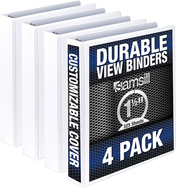 Samsill Durable 1.5 Inch Binder, Made in the USA, Round Ring Customizable Clear View Binder, White, 4 Pack (MP48457)