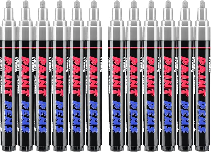 Silver Paint Pens Paint Markers - 12 Pack Permanent Quick Dry Waterproof Marker Pens for Rocks Wood Fabric Plastic Canvas Glass Mugs Metal Tire Stone
