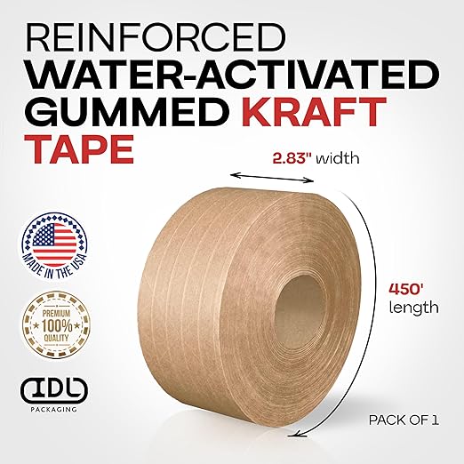 IDL Packaging 2.83" x 450 feet Reinforced Water-Activated Kraft Gummed Tape 30lb Thickness - Secure Paper Packing Tape for Secure Carton Sealing - Heavy-Duty Adhesive for All Conditions, Brown