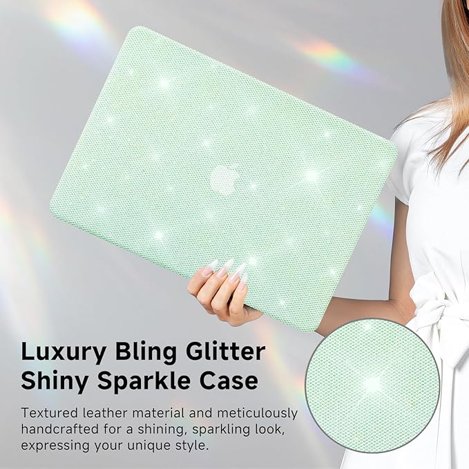 KEROM Bling Glitter Case for MacBook Pro 16 inch 2024-2021 M4 M3 M2 M1 Pro/Max Chip A3403 A3186 A2991 A2780 A2485, Luxury Bedazzled Shiny Sparkle PU Leather Hard Shell Case & Keyboard Cover, Green
