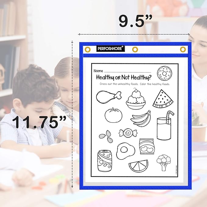 Office Werks Stitched Dry Erase Pockets, Heavy Duty Reusable Sleeves 11.75" X 9.5", Clear Both Sides Plastic Sleeves with 3 Holes for Office, Classroom and More, 5 Trim Assorted Colors (Pack of 10)