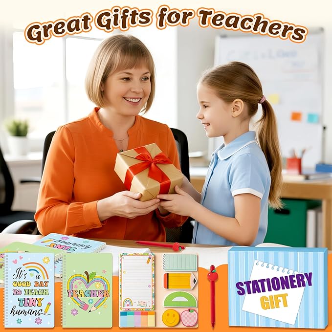 B1ykin Stationery Gift Set - 3Pcs Notebook Sticky Notes, A5 Spiral Notebooks & 550 Sheets Cute Sticky Notes with Pens Kit for Office School Teacher Thanksgiving Supplies (Restro Teacher)