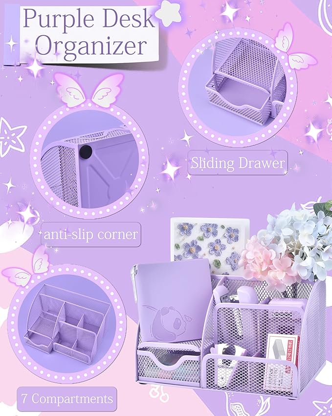 23pc Purple Desk Accessories and Organizers with Mesh Organizer Stapler Tape Dispenser Calculator and a Lot of Office Purple Office Supplies Beautifully Presented in a Gift Box