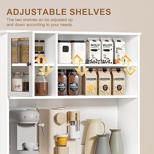 OLD CAPTAIN Tilt Out Trash Cabinet with Deodorising Function, Kitchen Hutch with Microwave Shelf and Drawer, Kitchen Pantry with Trash Cabinet for 10 Gallons, White