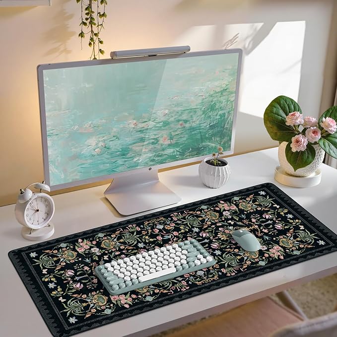 iCasso Large Desk Mat Black,Big Mouse Pad with Stitched Edges,Aesthetic Computer Pad for Desktop,Anti-Slip Keyboard Mat for Women,Floral Desk Cover Protector Work from Office Home Dorm