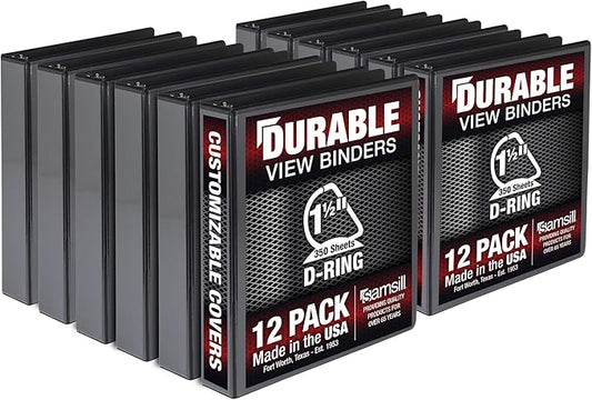 Samsill Durable 1.5 inch 3 Ring Binder, Made in USA, D Ring Binder, FSC 100% Recycled Chipboard, Black, 12 Pack