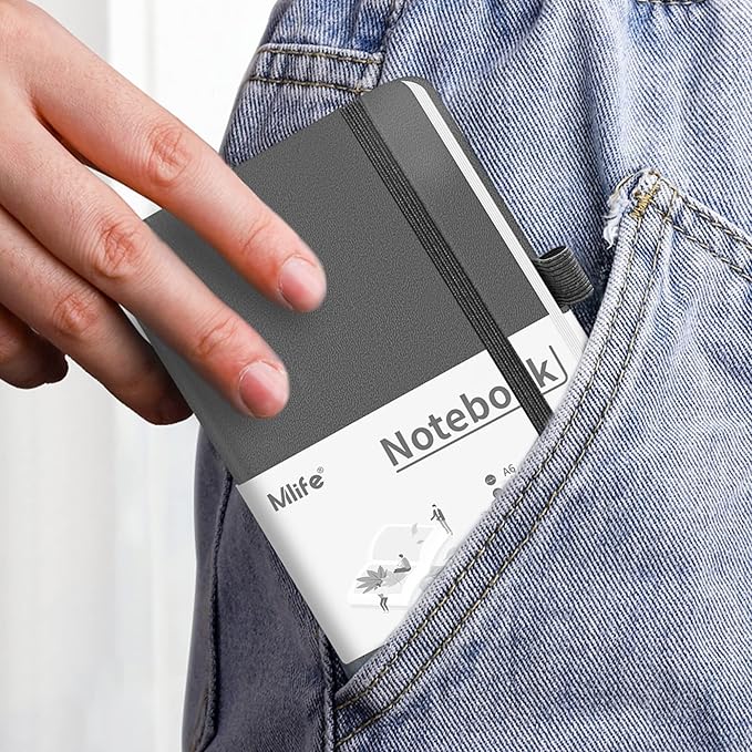 A6 Small Journal Notebook, Lined Pocket Notebook with Pen Holder, Mini Notebook Hardcover, 192 Pages, 3.9 inches * 5.5 inches Jurnal for Women and Man (Grey)