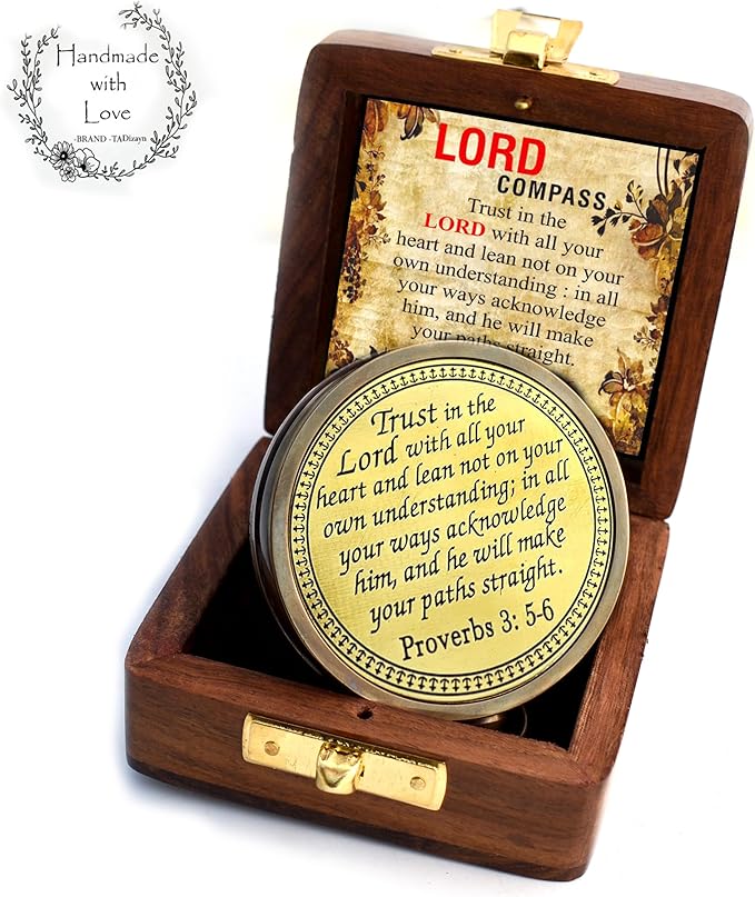 Trust in The Lord With All Your Heart - Proverbs 3:5-6 Quote Engraved Compass With Wooden Box, Greeting Card, Gift Compass, Graduation Day Gifts 2024 for Women Men Boys Girls