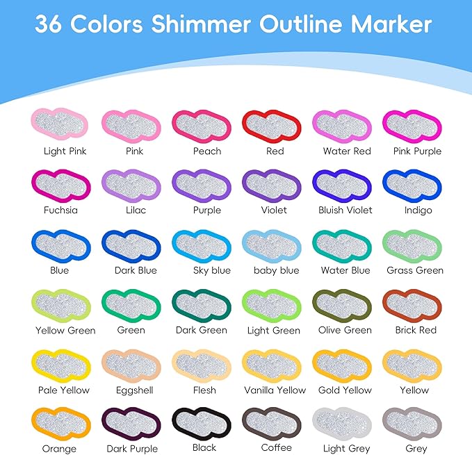36 Colors Double Line Outline Markers, Shimmer Outline Marker Pen Set with Metallic & Glitter Effects, Self-Outline Shimmer Markers for Card Making, DIY Art, and Doodling – Perfect for Kids & Adults