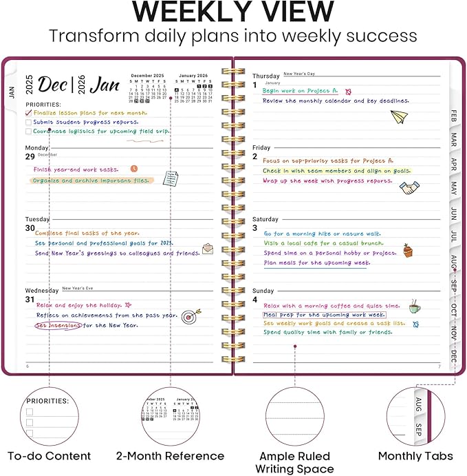 2026 Planner, Weekly and Monthly Calendar Planner Book, January 2026 - December 2026, Hardcover Spiral Planner with Monthly Tabs, Notes Pages, Perfect for Women & Men, A5 (6.4" x 8.5") - Raspberry