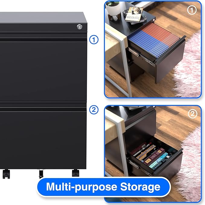 Aobabo 2 Drawer File Cabinet, Lockable Metal Filing Cabinet with Wheels for Home Office, Legal/Letter Size, Fully Assembled Except Wheels, Black