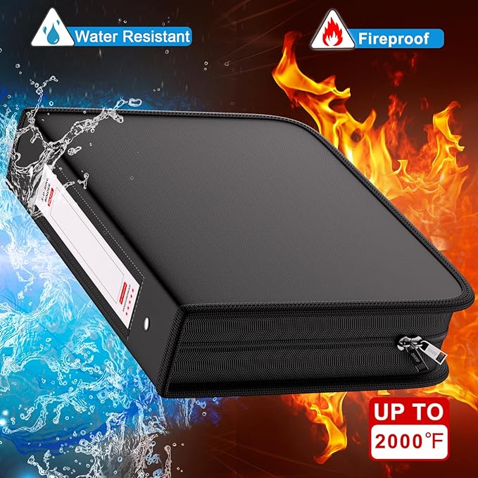 Fireproof 3 Ring Binder with Zipper, 2 Inch D Rings Hold up 450 Sheets of 8.5" x 11" (A4), Compatible with Clear Page Protectors, Built-in net and Pen Holder (1 Pcs, Black, 2")