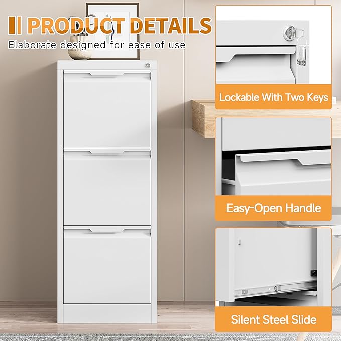 3-Drawer Metal File Cabinet with Lock,Steel Printer Stand with Storage for Home Office,Vertical Filing Cabinet for Legal/Letter/A4 Files,Assembly Required(15''W-3 Drawers,White)