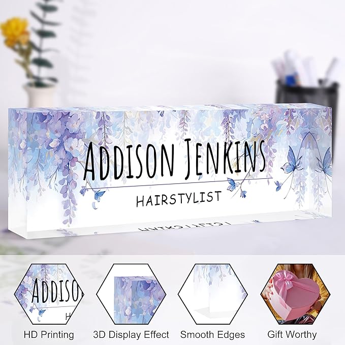 Custom Name Plate for Desk, Personalized Acrylic Office Name Sign with Name & Title, Elegant Desk Decor for Women Men, Employee Appreciation Gift (Wisteria)