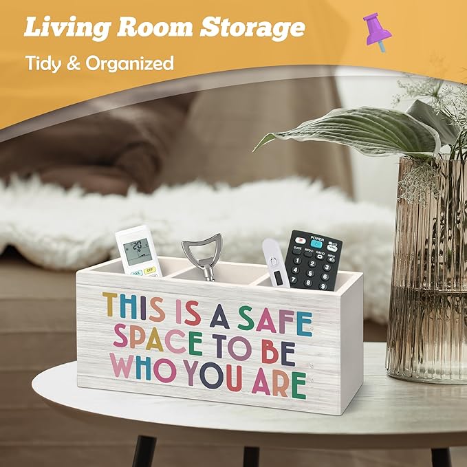 Mental Health Classroom Pen Holder Organizer for Desk Accessories, This Is a Safe Space to Be Who You Are Inspirational Wooden Box Desk Decorations for Therapy Counselor Office Classroom Decor