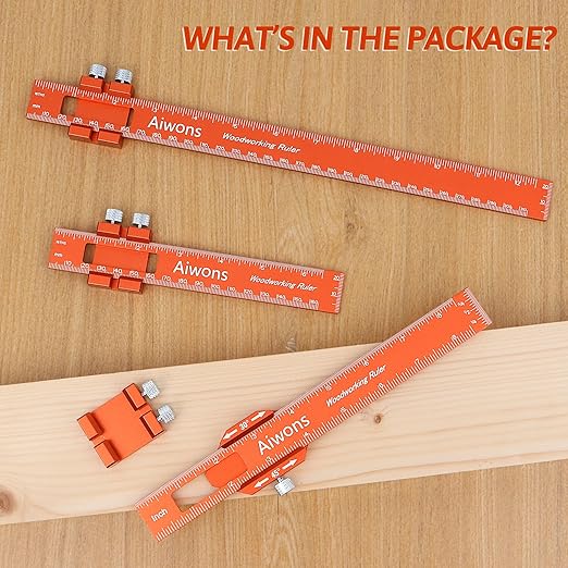 Woodworking Ruler Pocket Rule -12/8/6 Inch Precision Pocket Ruler with 45°& 30°Metal Slide Stop - Wood Marking Ruler Metric Inch Measuring Scribing Rulers - Aluminum Alloy Square Ruler