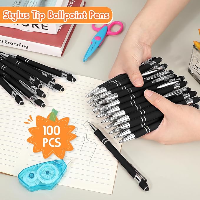 Yeaqee 100 Pieces Ballpoint Pen with Stylus Tip Click, 2 in 1 Black Ink, 1.0 mm Medium Point Stylus Metal Pen for Touch Screen Tablet (Black)