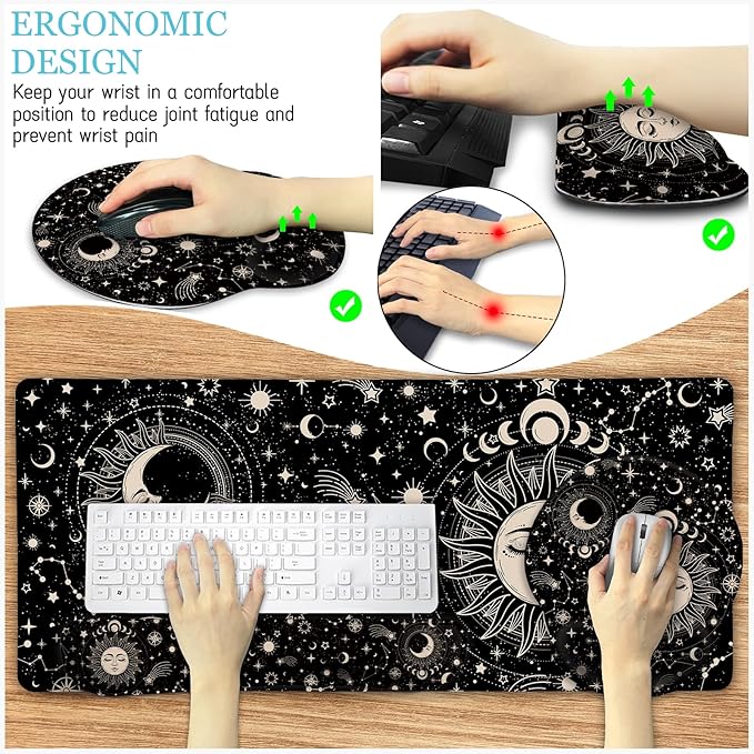 Sun Moon Mouse Pad Set Desk Mat Pad, XXL Large Gaming Mouse Pad with Wrist Rest, Ergonomic Mouse Pad, Keyboard Wrist Rest, Coaster, Home Office Desk Accessories Decor Supplies, Boho Abstract