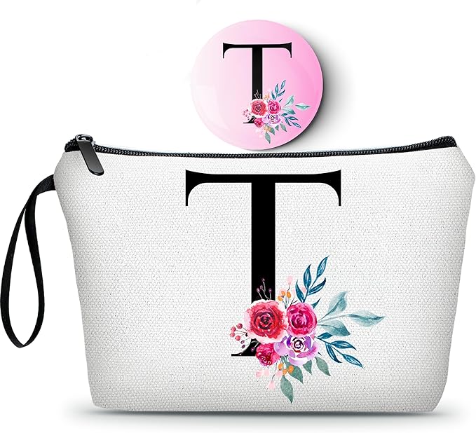 Monogram Cosmetic Bag With Mirror, Womens Birthday Gift, Small Makeup Bag for Purse, Unique Sister Gift, Initial Makeup Bag