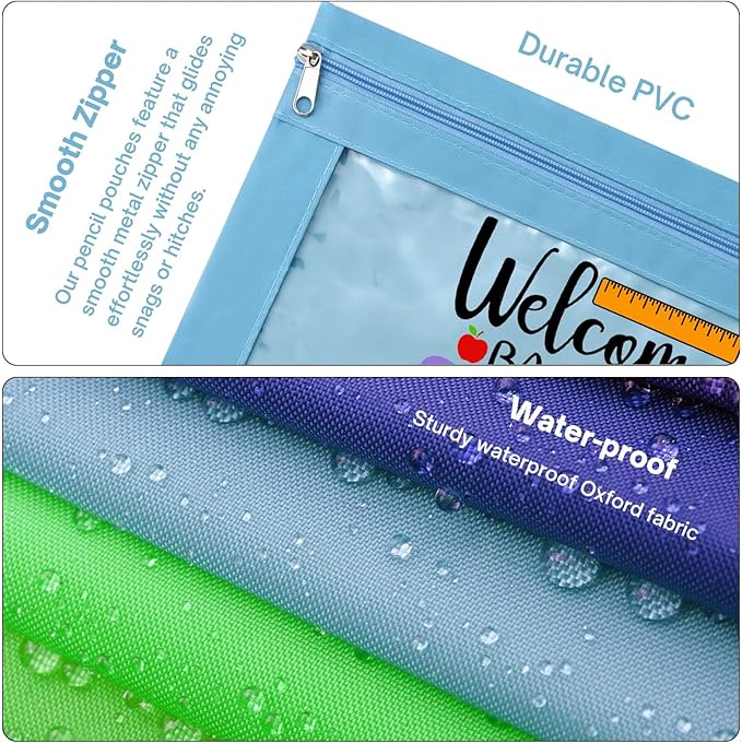 Back To School Bus Zippered Pencil Pouch for 3 Ring Binder, Cute Pen Pencil Bags Case With Clear Window Blue 2 Pack