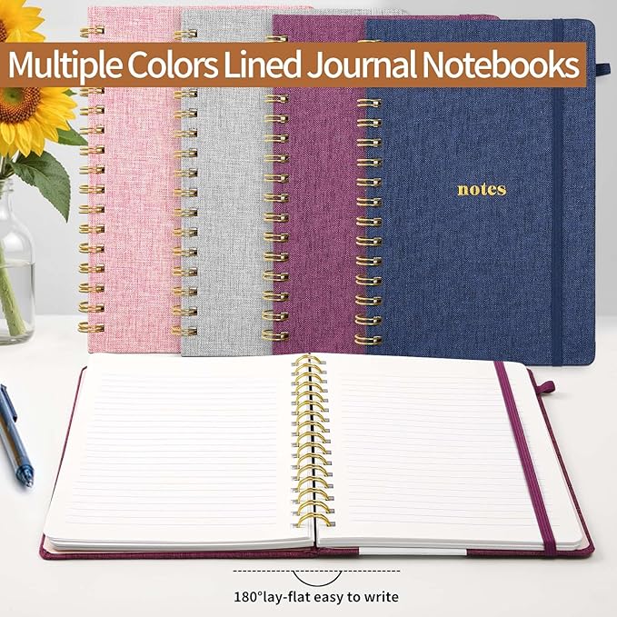 A5 Spiral Notebook – Hardcover Journal 160 Lined Pages 100 GSM Thick Paper With Elastic Band & Pen Holder College Ruled Writing Notebooks for Work School Travel purplish-red