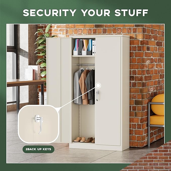 Greenvelly Metal Wardrobe Cabinet with Lock Door, 72" Metal Wardrobe Closet with Hanging Rods and Adjustable Shelves, Clothing Storage Closet Cabinet for Home, Office, Employee, Gym (Grey)