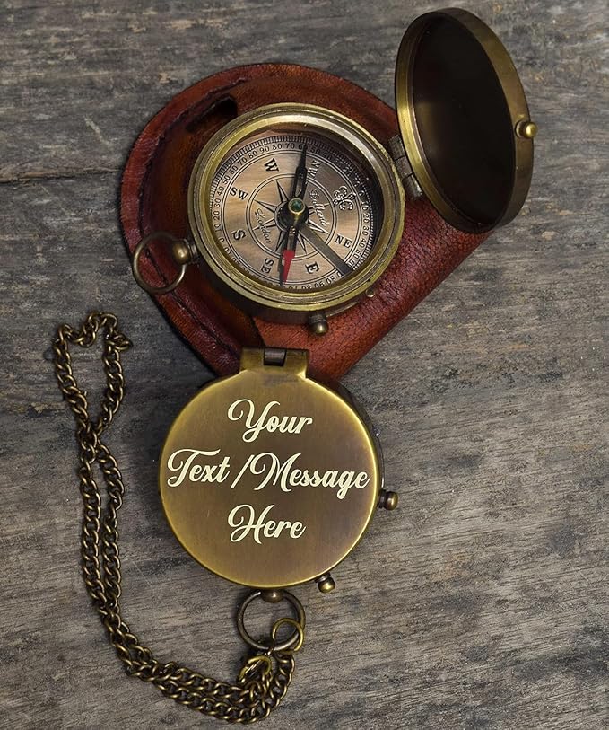 Personalized Engraved Compass Brass Metal Directional Compass with Leather Cover Gift for Husband, Personalized, Communion Gift, Gift for Him & Her, Luxury