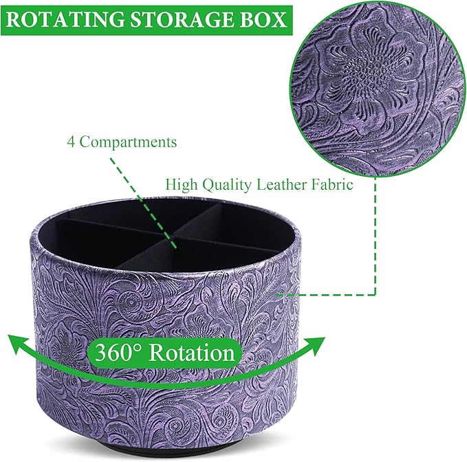 lizimandu Round Leather Art Supply Organizer,Remote Control Holder,360 Degree Spinning,Multi-Functional Pencil Holder,4 Compartments Desktop Stationary Organizer(1-Carved Metal Purple)