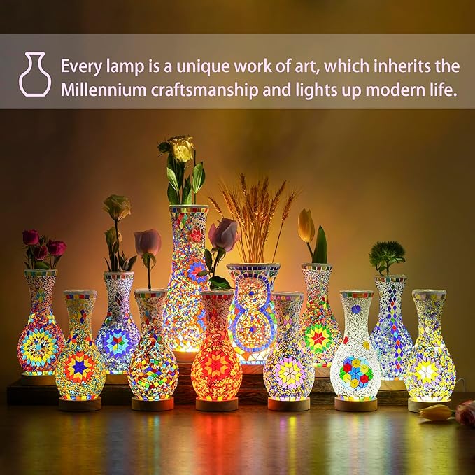 Turkish Moroccan Style Mosaic Table Lamp with USB Power - Colorful Glass Vase Light for Living Room or Bedroom Decor
