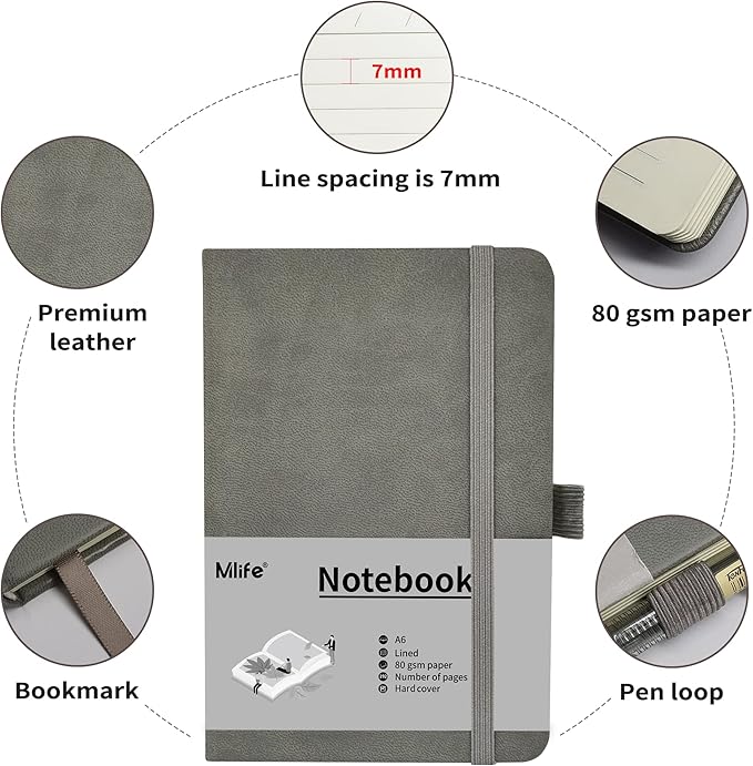 A6 Small Journal Notebook, Lined Pocket Notebook with Pen Holder, Mini Notebook Hardcover, 192 Pages, 3.9 inches * 5.5 inches Jurnal for Women and Man (Grey)