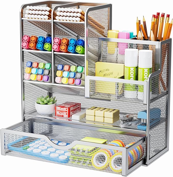 Marbrasse Mesh Pen Holder for Desk, Pen Organizer with Drawer, Multi-Functional Pencil Organizer, Desk Organizers and Accessories for Office Art Supplies (Silver)