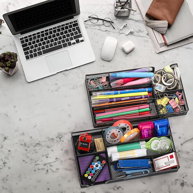 2 Pack Desk Drawer Organizer, Metal Mesh Drawer Office Tray, 6 Compartments Pen Organizer Storage Box, Desktop Basket Accessories for Home Office School Kitchen Vanity Supplies, Black