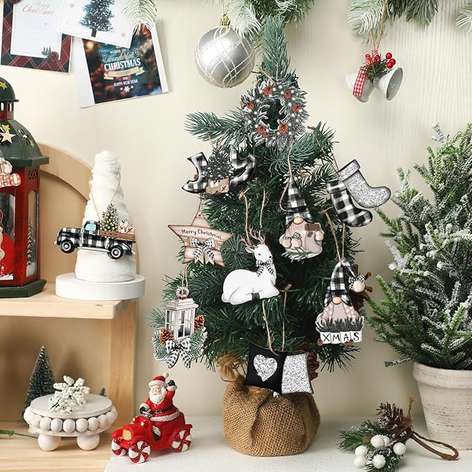 Huwena 36 Pcs Christmas Wooden Ornaments Buffalo Plaid Christmas Decorations for Tree Snowman Gnomes Poinsettia Flowers Truck Wreath Wood Cutouts Tags with Ropes Winter Decor for Xmas Tree Gifts