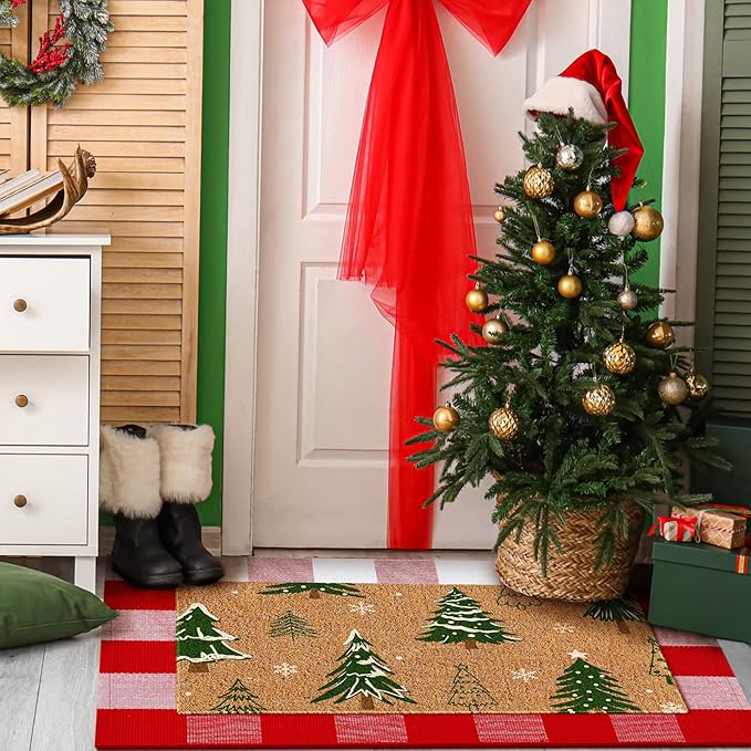 2 Pcs Christmas Coir Doormat Outdoor Rugs Christmas Tree Welcome Mats Layered Buffalo Plaid red and White Mat Plaid Mat for Xmas Front Porch Entryway Outdoor Decor