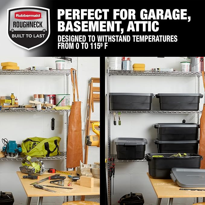 Rubbermaid 6-Pack Totes for Storage with Lids, Heavy Duty Plastic Storage Bins with Lids, Black Gray, 10 GAL - Stackable for Garage, Attic, Camping (10 GAL - 6 Pack Solid Black and Grey)