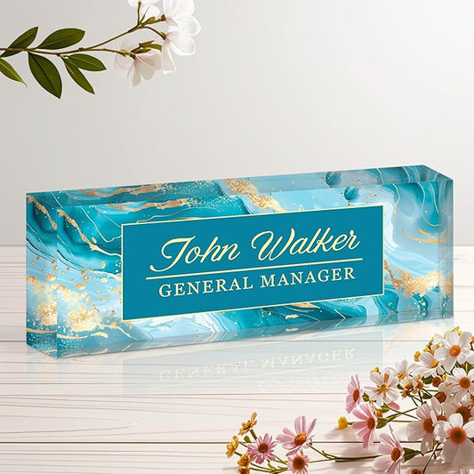 Ship Next Day Personalized Name Plate for Desk, Custom Acrylic Desk Name Sign, Office Appreciation Gifts for Women Men Coworkers Boss Teacher Employee (Blue Marble)