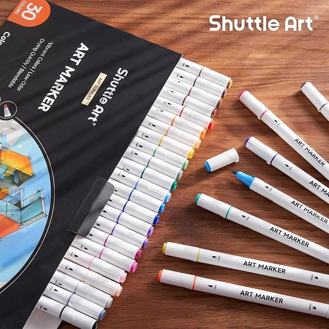 Shuttle Art 30 Colors Dual Tip Art Markers Permanent Marker Pens Highlighters Perfect for Illustration Adult Coloring Sketching and Card Making