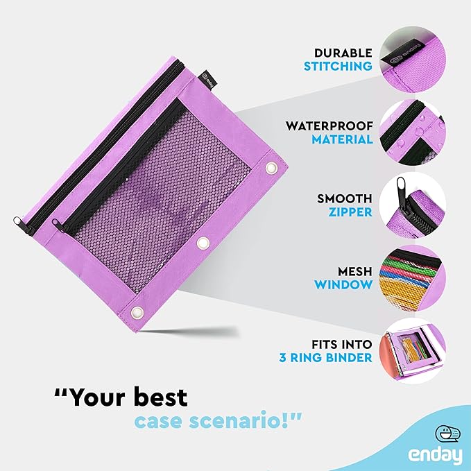 Enday Purple Pencil Pouch For 3 Ring Binder, Zippered Binder Pencil Pouches, 3 Ring Pencil Pouch for Binder, Pencil Case for Binder, Large Pencil Bags for School, Home, and Office