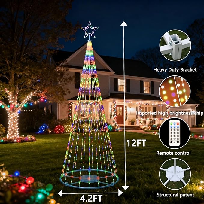 12Ft Outdoor Lighted Christmas Tree Lights Cone Tall Star Topped Artificial Christmas Trees Arbol de Navidad Outside Decor for Xmas New Year Holiday Multicolor/WarmWhite