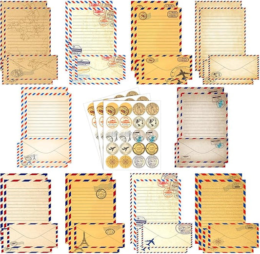 TaoBary 160 Pcs Stationery Paper Set 50 Double Sided Stationery Papers with 50 Matching Envelopes and 60 Round Dot Sticker, 10 Design(Vintage Travel,8.5 x 11 Inch)